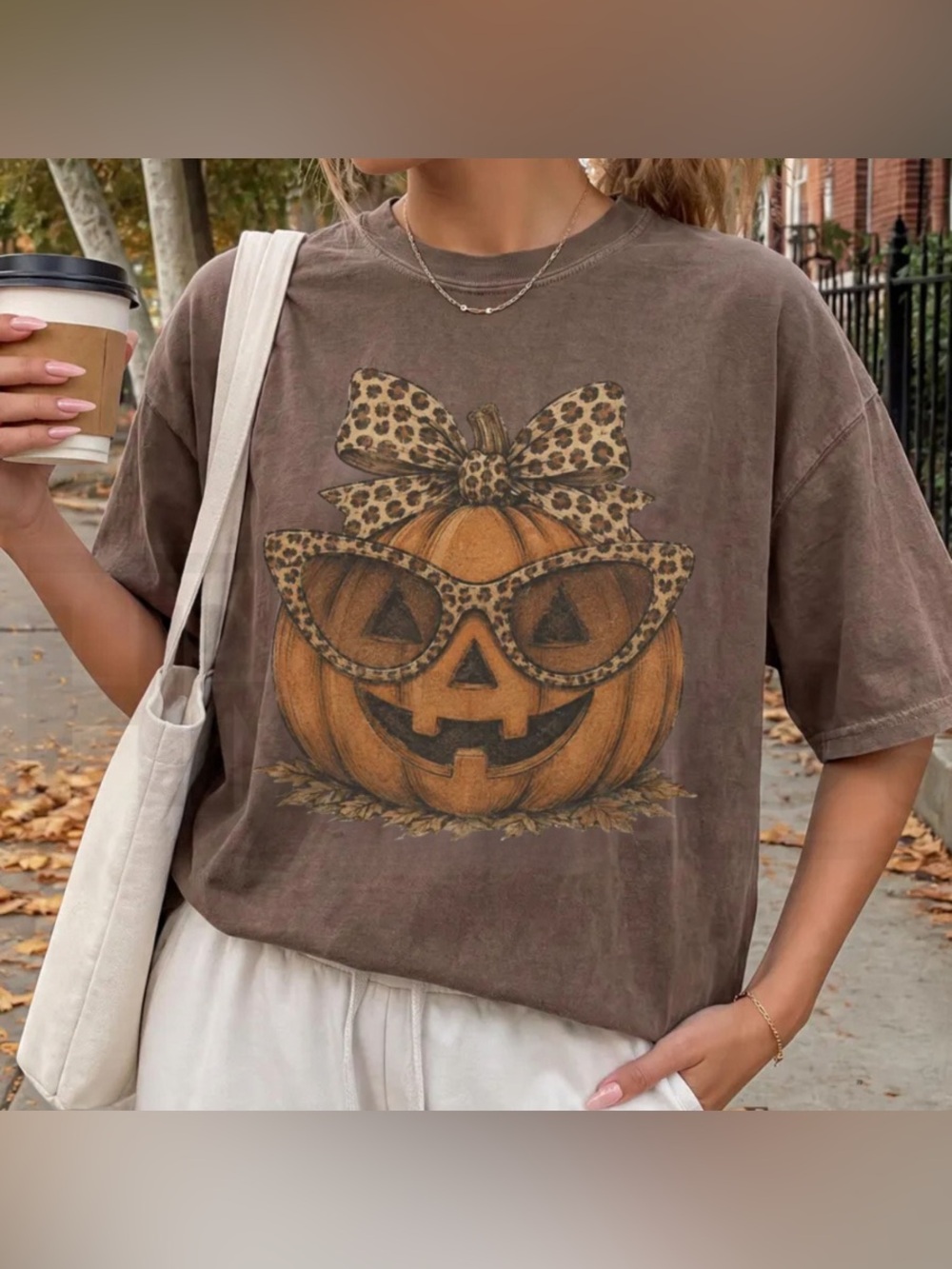 Gildan Brown Pumpkin Graphic Tee with Leopard Bow and Glasses